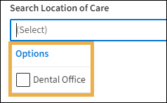 Location of Care drop down menu option selections with yellow highlight box around the checkbox options.